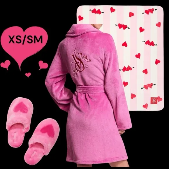 Victoria’s Secret XS/SM NEW PEONY Cozy Robe, Heart Slippers &amp; BLANKET
