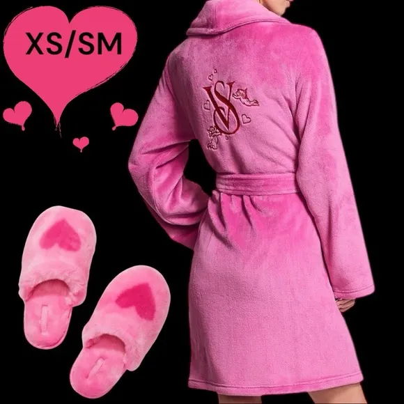 Victoria’s Secret XS/SM NEW PEONY Cozy Robe, Heart Slippers &amp; BLANKET