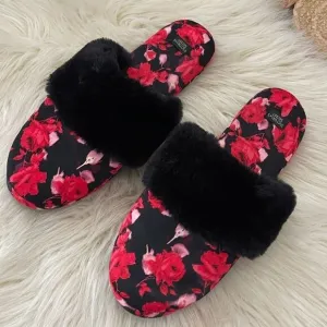 VICTORIA'S SECRETSignature Satin Slippers red and black floral print slippers