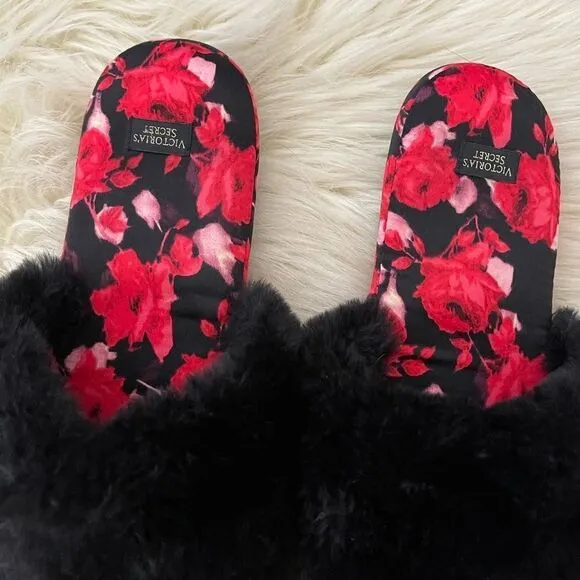 VICTORIA'S SECRETSignature Satin Slippers red and black floral print slippers