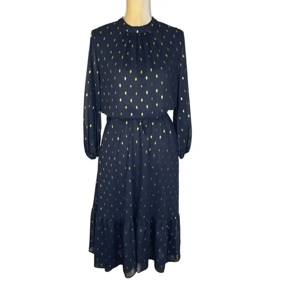 Vilagallo Luna Midi Dress in Navy Blue with Gold Specks Size 40 ( US 8 )