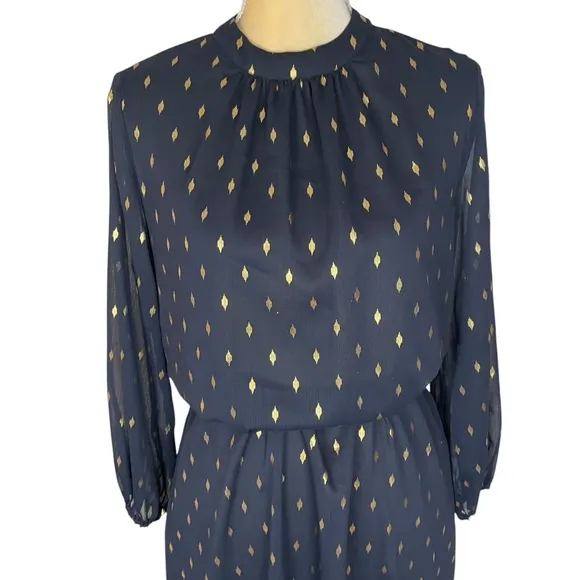 Vilagallo Luna Midi Dress in Navy Blue with Gold Specks Size 40 ( US 8 )