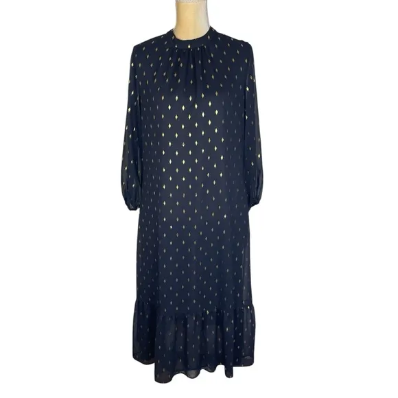 Vilagallo Luna Midi Dress in Navy Blue with Gold Specks Size 40 ( US 8 )