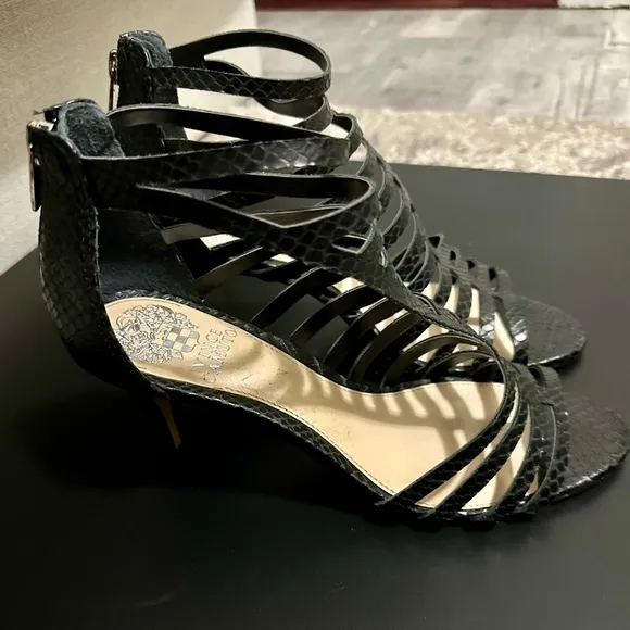 Vince Camuto Black Snakeskin Leather Strappy D’Orsay Heeled Sandals Size 8 Heels