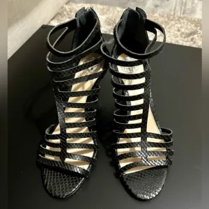 Vince Camuto Black Snakeskin Leather Strappy D’Orsay Heeled Sandals Size 8 Heels