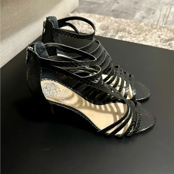 Vince Camuto Black Snakeskin Leather Strappy D’Orsay Heeled Sandals Size 8 Heels