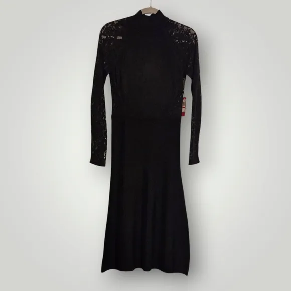 Vince Camuto Dress Womens XS Black Lace‎ Overlay High Neckline Long Sleeves New