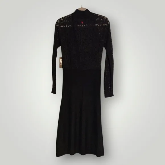 Vince Camuto Dress Womens XS Black Lace‎ Overlay High Neckline Long Sleeves New
