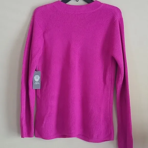 Vince Camuto Ribbed Magenta V-Neck Sweater