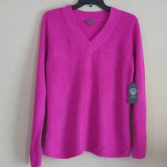 Vince Camuto Ribbed Magenta V-Neck Sweater