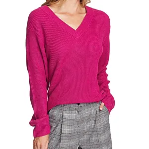Vince Camuto Ribbed Magenta V-Neck Sweater