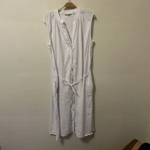 Vince Dress Sleeveless Shirred Band Collar Linen Blend Midi White L Quiet Luxury