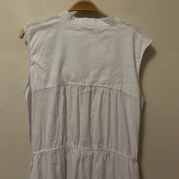 Vince Dress Sleeveless Shirred Band Collar Linen Blend Midi White L Quiet Luxury