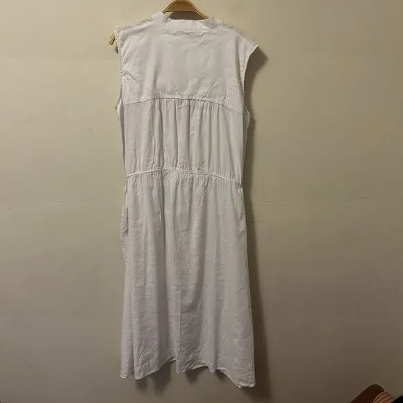 Vince Dress Sleeveless Shirred Band Collar Linen Blend Midi White L Quiet Luxury
