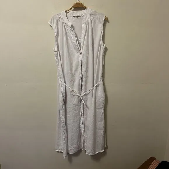 Vince Dress Sleeveless Shirred Band Collar Linen Blend Midi White L Quiet Luxury