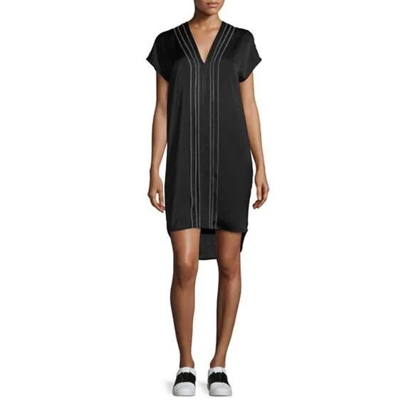 Vince Embroidered Front V-Neck Shift Dress Black Size 4 Minimalist Relaxed Fit