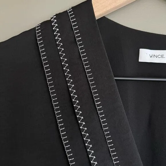 Vince Embroidered Front V-Neck Shift Dress Black Size 4 Minimalist Relaxed Fit