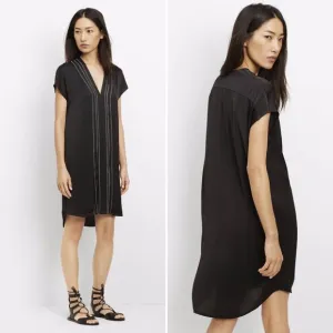 Vince Embroidered Front V-Neck Shift Dress Black Size 4 Minimalist Relaxed Fit