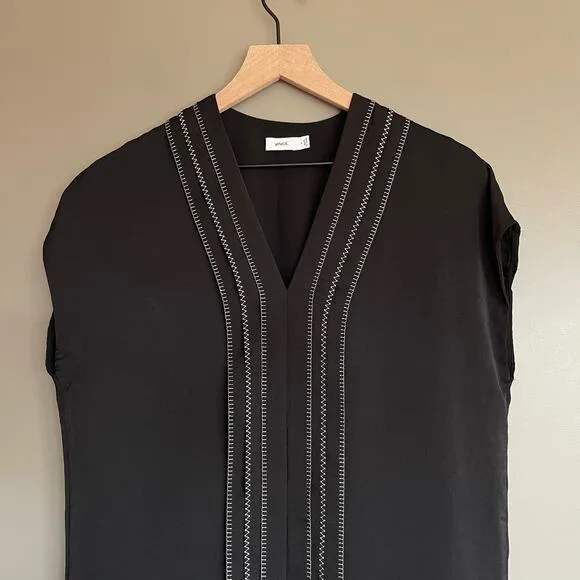 Vince Embroidered Front V-Neck Shift Dress Black Size 4 Minimalist Relaxed Fit