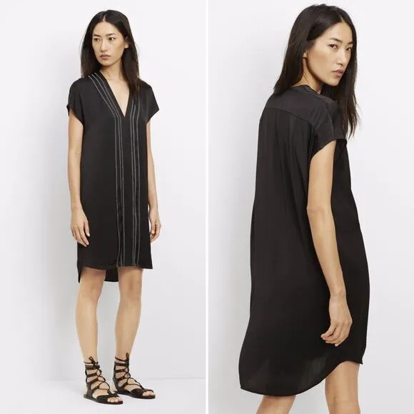Vince Embroidered Front V-Neck Shift Dress Black Size 4 Minimalist Relaxed Fit