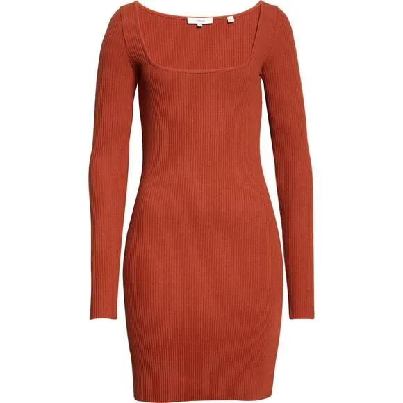Vince Long Sleeve Square Neck Ribbed Mini Dress Rust Amber Small NWT Stretch