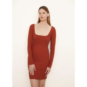 Vince Long Sleeve Square Neck Ribbed Mini Dress Rust Amber Small NWT Stretch