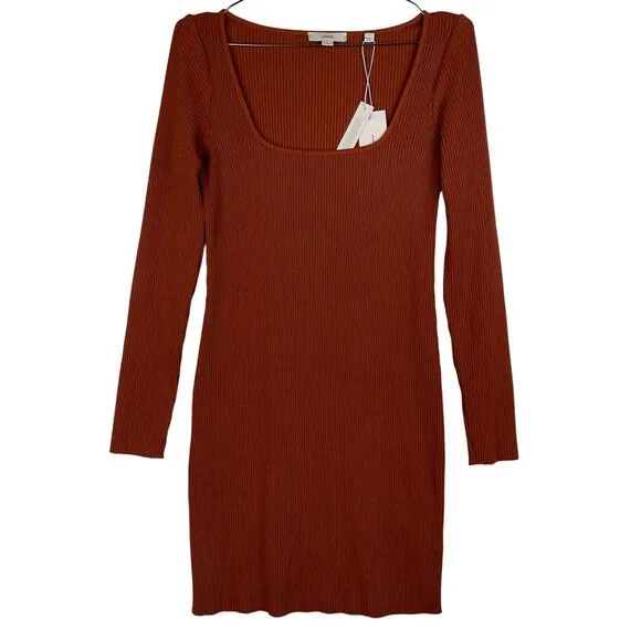 Vince Long Sleeve Square Neck Ribbed Mini Dress Rust Amber Small NWT Stretch
