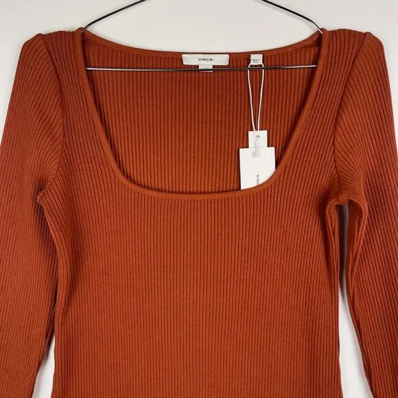 Vince Long Sleeve Square Neck Ribbed Mini Dress Rust Amber Small NWT Stretch