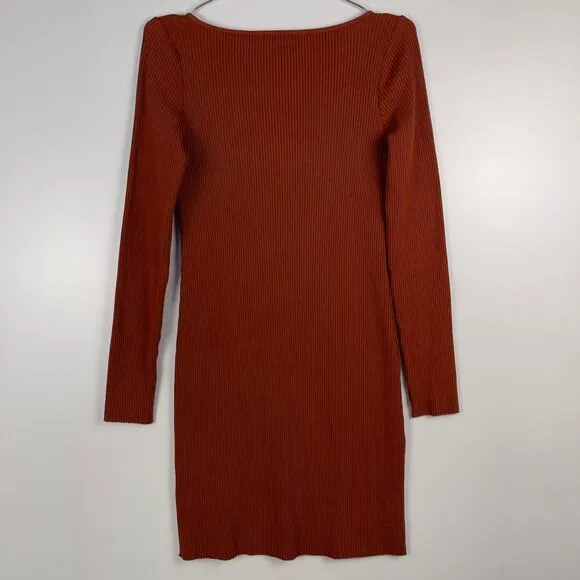 Vince Long Sleeve Square Neck Ribbed Mini Dress Rust Amber Small NWT Stretch