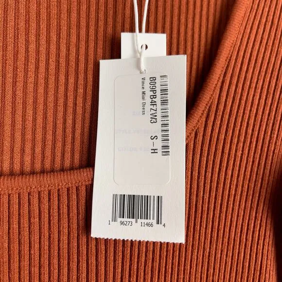 Vince Long Sleeve Square Neck Ribbed Mini Dress Rust Amber Small NWT Stretch