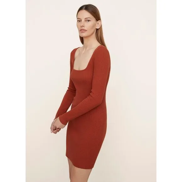 Vince Long Sleeve Square Neck Ribbed Mini Dress Rust Amber Small NWT Stretch
