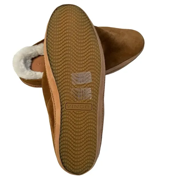 Vince Porter Tobacco Suede Shearling Lined Leather Slippers Men’s