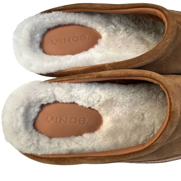 Vince Porter Tobacco Suede Shearling Lined Leather Slippers Men’s
