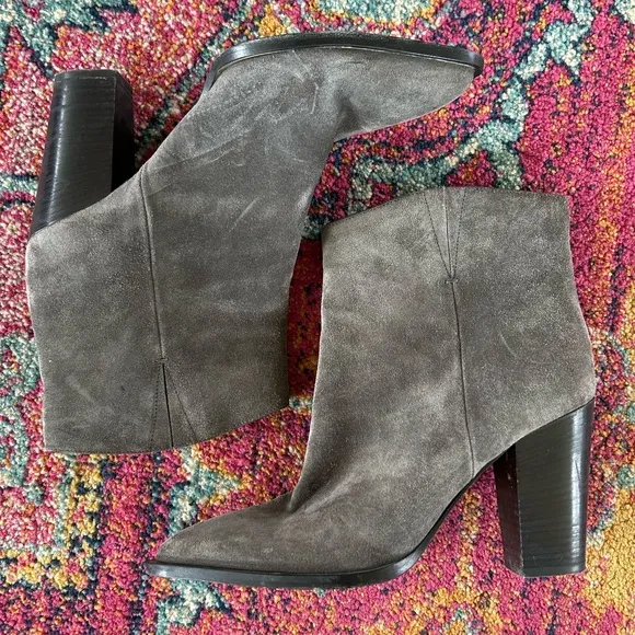 Vince | Women’s Gray Suede Erving Ankle Boots pull on style black wood heels, 10