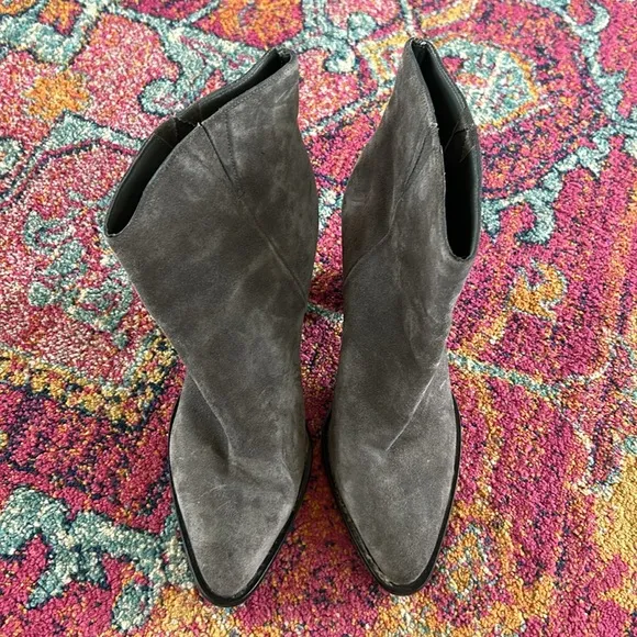 Vince | Women’s Gray Suede Erving Ankle Boots pull on style black wood heels, 10
