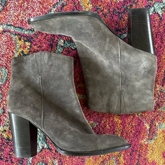 Vince | Women’s Gray Suede Erving Ankle Boots pull on style black wood heels, 10