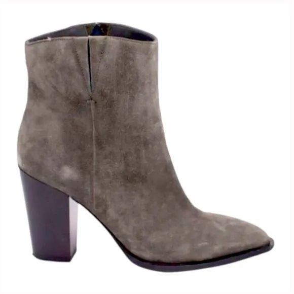Vince | Women’s Gray Suede Erving Ankle Boots pull on style black wood heels, 10