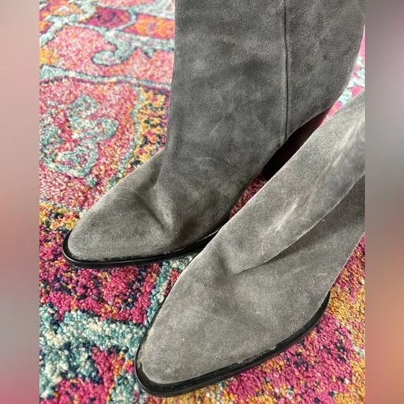 Vince | Women’s Gray Suede Erving Ankle Boots pull on style black wood heels, 10