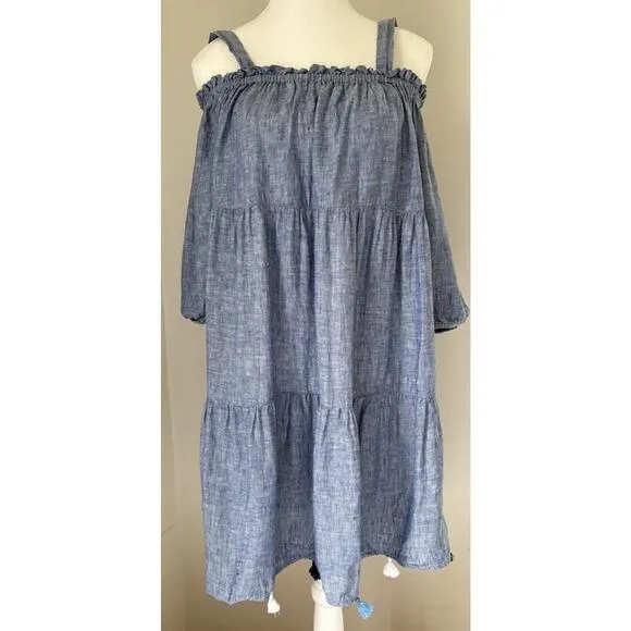 Vineyard Vines Womens Linen Chambray Tiered Tassel Dress/Coverup Size L