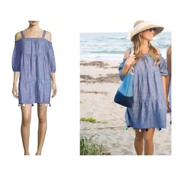 Vineyard Vines Womens Linen Chambray Tiered Tassel Dress/Coverup Size L