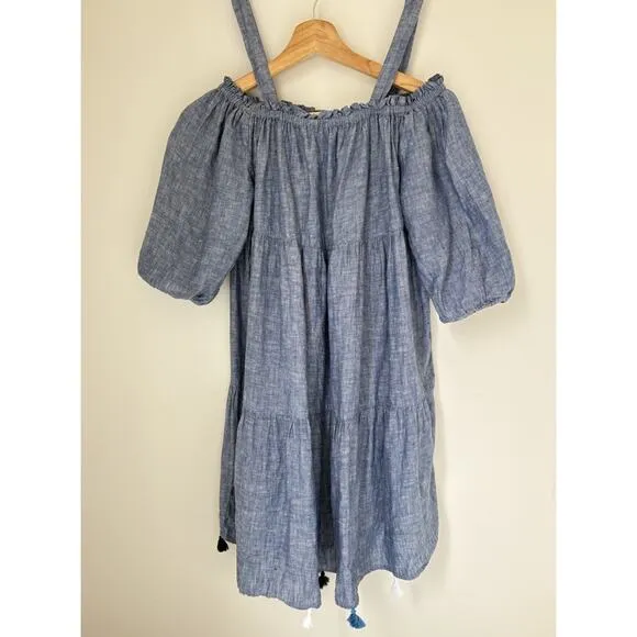 Vineyard Vines Womens Linen Chambray Tiered Tassel Dress/Coverup Size L