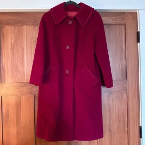 Vintage 60s Wool Dress Coat Long Womens 8 Collar Berry Red Classic Minimalist