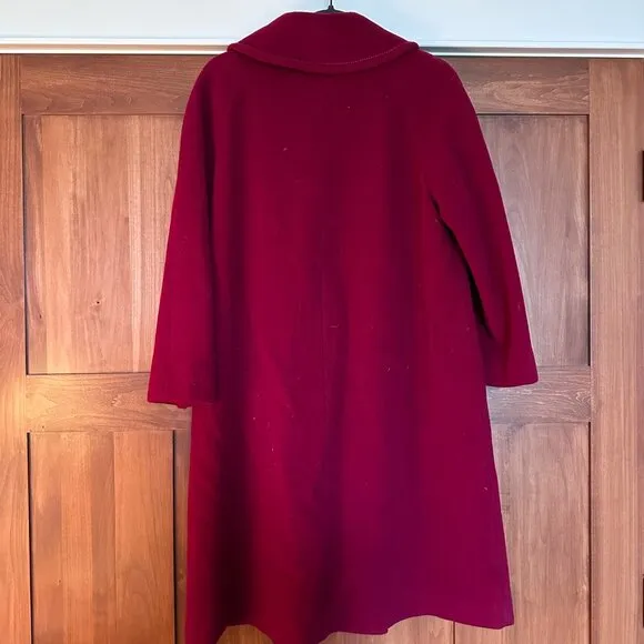 Vintage 60s Wool Dress Coat Long Womens 8 Collar Berry Red Classic Minimalist