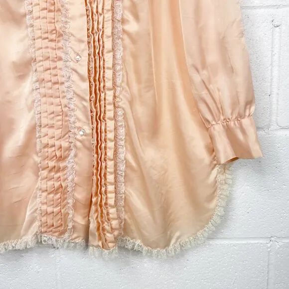 Vintage Christian Dior Pink Satin Lace Trim Pleated Blouse Tunic Dress Small