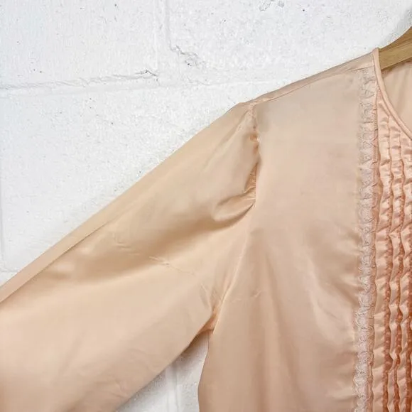 Vintage Christian Dior Pink Satin Lace Trim Pleated Blouse Tunic Dress Small