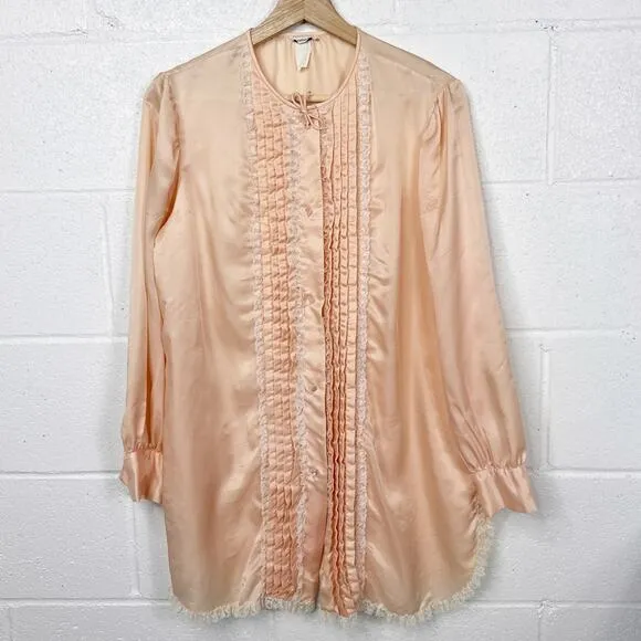 Vintage Christian Dior Pink Satin Lace Trim Pleated Blouse Tunic Dress Small