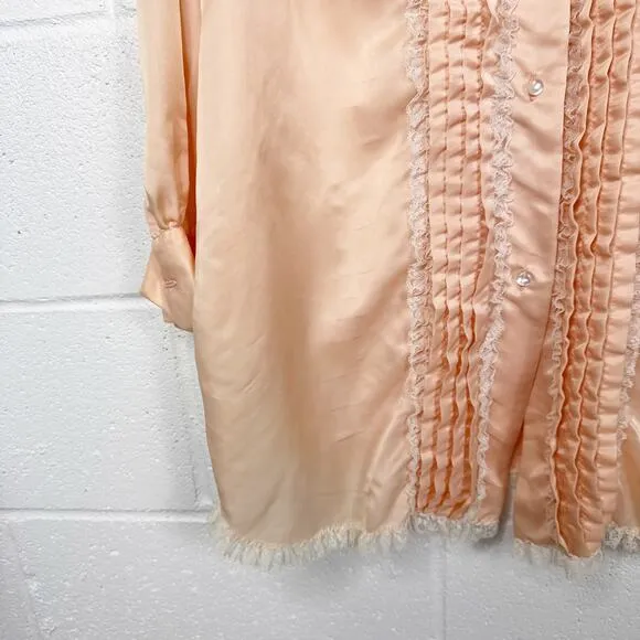Vintage Christian Dior Pink Satin Lace Trim Pleated Blouse Tunic Dress Small