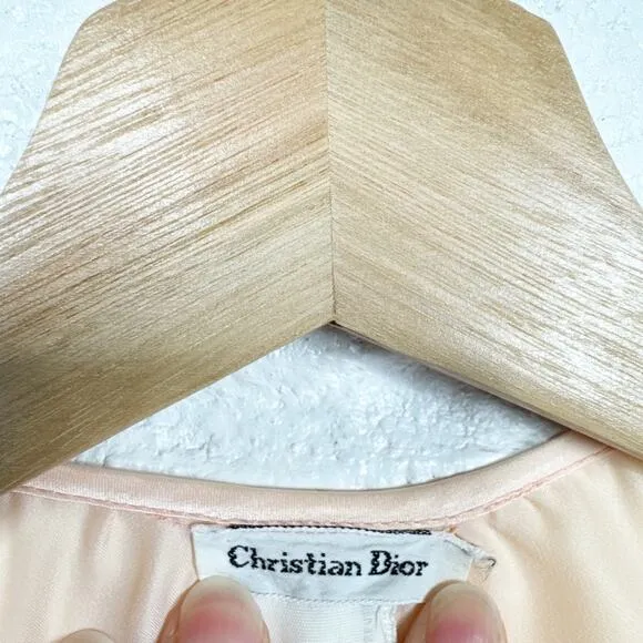 Vintage Christian Dior Pink Satin Lace Trim Pleated Blouse Tunic Dress Small