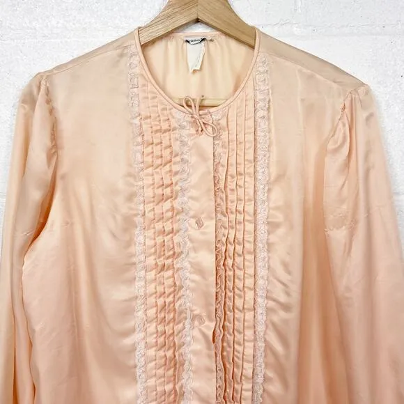 Vintage Christian Dior Pink Satin Lace Trim Pleated Blouse Tunic Dress Small