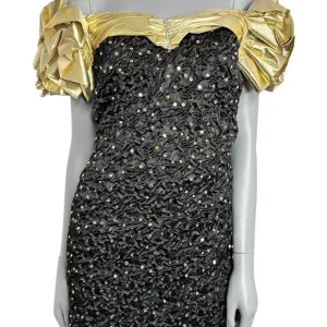 Vintage Elegant Gold and Black Off-Shoulder Dress